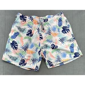 NEW Free Planet Mens Large Tropical Palm Swim Trunks Mesh Lined Multicolor White